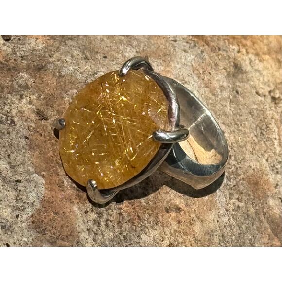 Gold Rutile Quartz Princess Ring Handmade Heavy Sterling 925 Silver US Size 7.5 - Picture 5 of 9